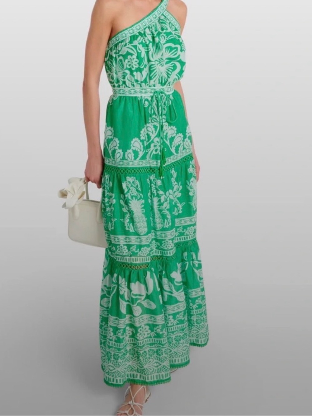 NWT FARM Rio One-Shoulder Green and White Printed Maxi Dress